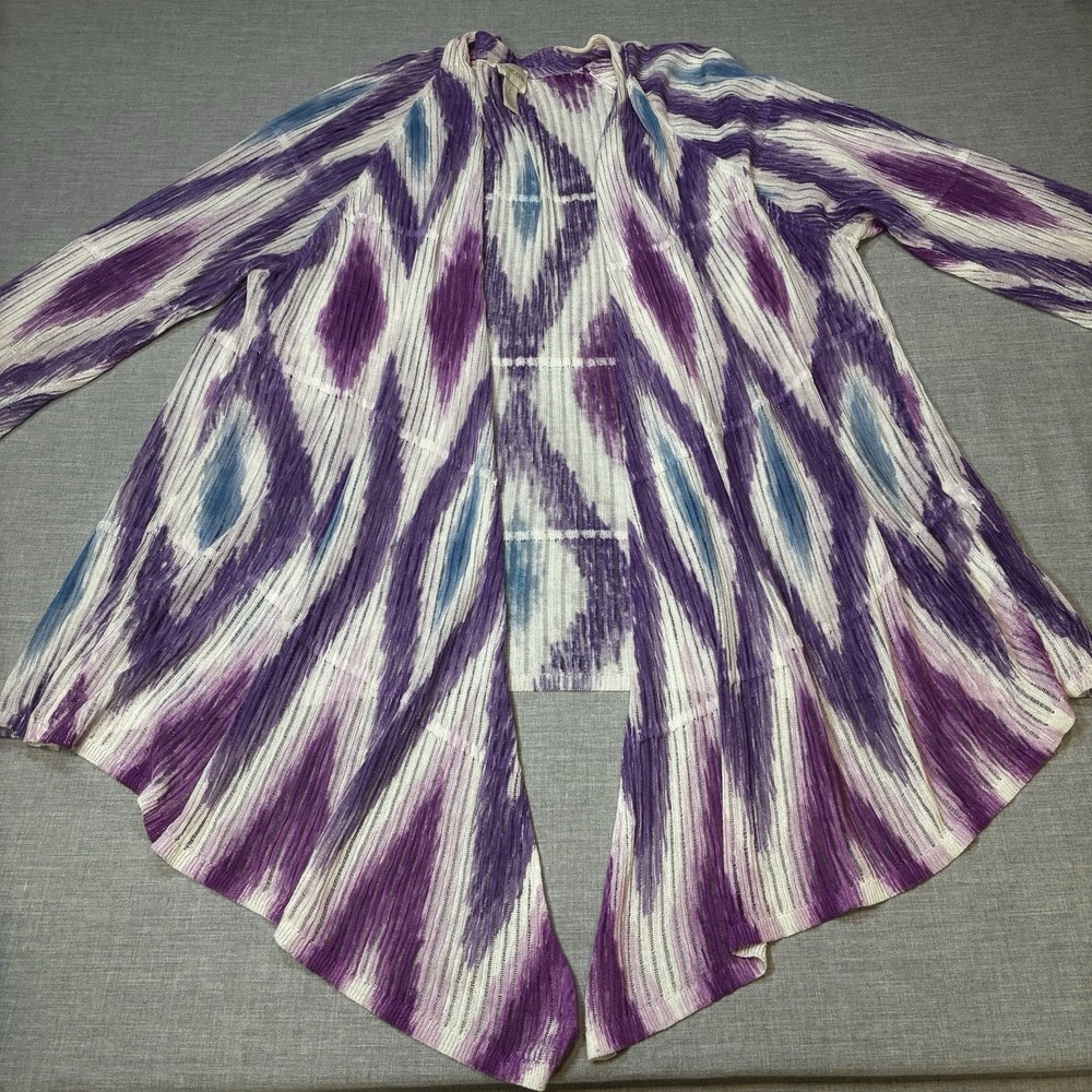 Chico's Open Front 3/4 Sleeve Cardigan Sweater Purple Blue 3 XL Abstract Print